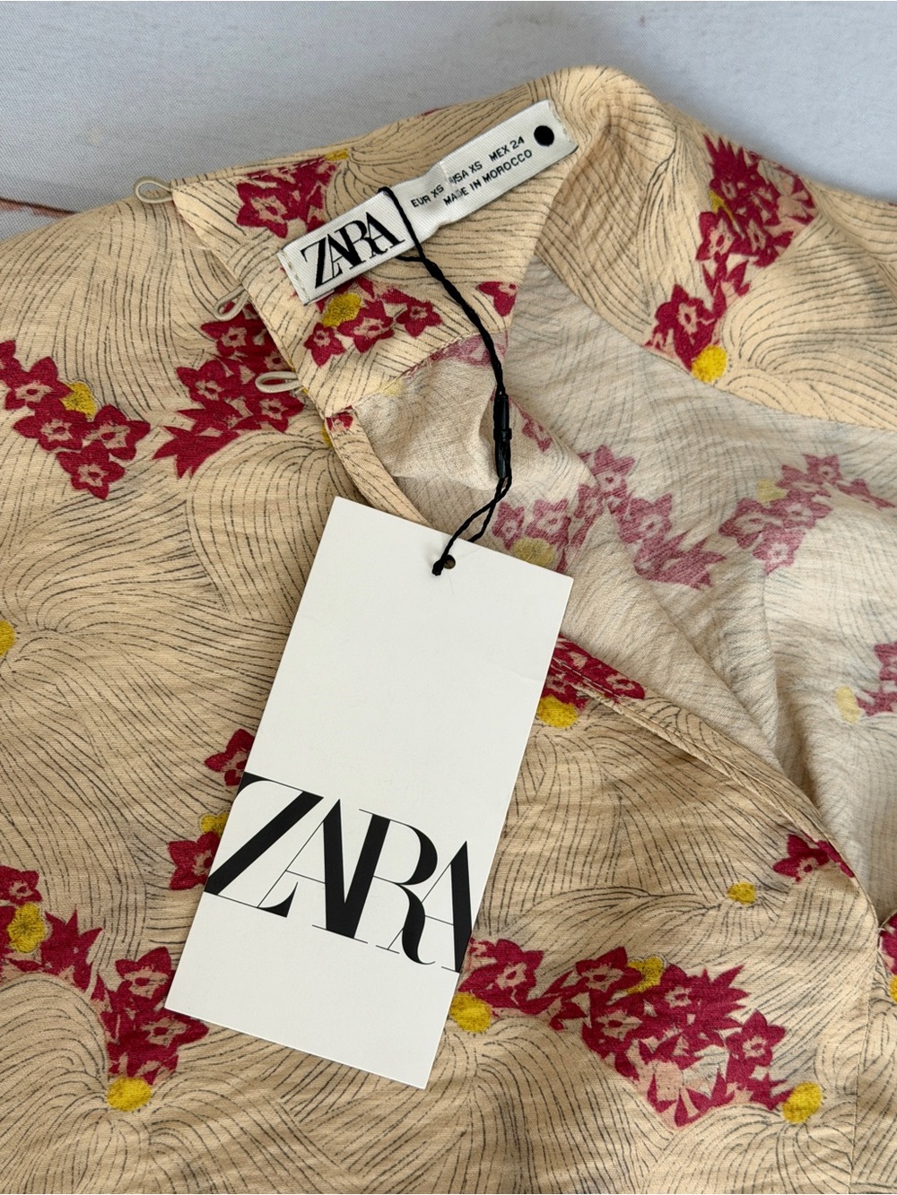 NWT Zara Floral Wrap Tie Blouse Top XS Beige Red Long Sleeve Linen Blend Boho - Picture 4 of 11